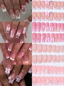 96 قطعة/علبة (4 مختلطة) أظافر فرنسية مربعة للضغط متوسطة الحجم مع فيونكة ثلاثية الأبعاد وخرز ولؤلؤ، مرصعة بالراين ستون مع علبة تخزين مصممة بشكل مثالي للأظافر الاصطناعية الأكريليك، تحتوي على 1 قطعة من الغراء الجيلي و 1 قطعة من مبرد الأظافر، سهلة التطبيق للأظافر الفرنسية للنساء والفتيات لاستخدامها في الحياة اليومية وحفلات الرقص، مستلزمات الأظافر