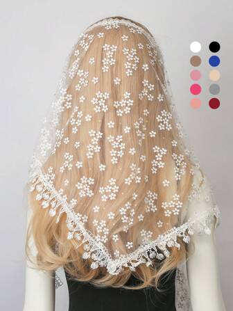 1 pieza Bufanda triangular de mujer con flor lisa, calada y con flecos, ligera y transpirable para primavera/verano/otoño, accesorio de moda