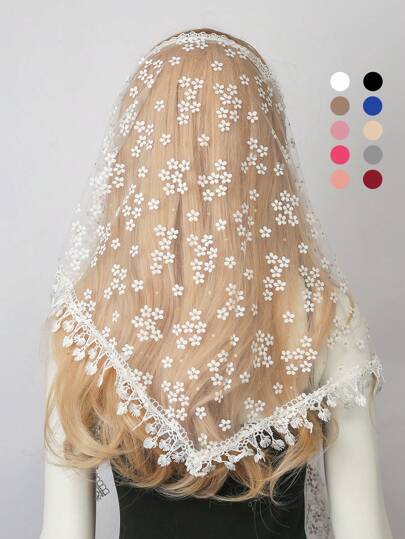 1pc Women Plain Flower Hollow Out Lace Tassel Triangle Scarf, Lightweight & Breathable For Spring/Summer/Autumn, Fashion Accessories Shawl