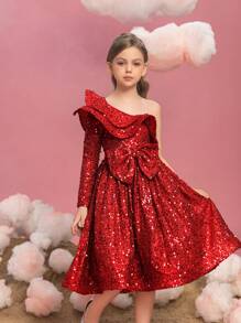 Tween Girl One Shoulder Ruffle Bow Sparkly Party Dress - Red - View 1