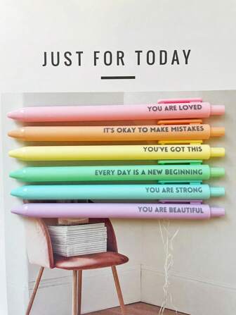X Jess 6pcs Pastel Motivational Inspirational Encouraging Pen Set - Retractable Happy Positive Pens, Black Ink, Easy Clip, Rubber Finished Ball Pens - Colorful & Cute Pens For Journaling, Writing Supplies Back To School