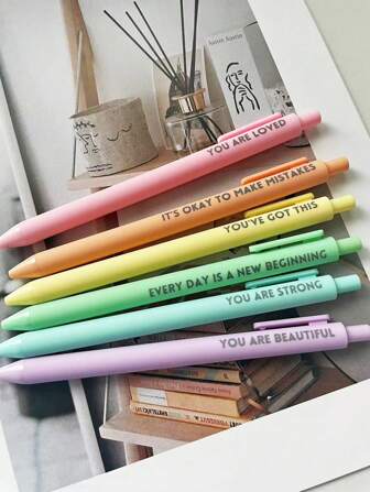 X Jess 6pcs Pastel Motivational Inspirational Encouraging Pen Set - Retractable Happy Positive Pens, Black Ink, Easy Clip, Rubber Finished Ball Pens - Colorful & Cute Pens For Journaling, Writing Supplies Back To School