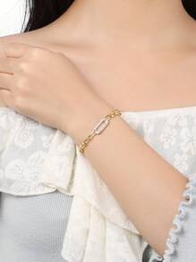 Pulsera de eslabones de acero marino y clip de papel chapada en oro de 18K con cristal, de plata de ley 925