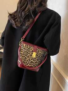 勃艮第女士水桶包，极简豹纹时尚单肩包和斜挎包 - 酒紅色 - 查看 8