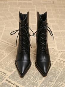 Giày bốt cổ ngắn mũi nhọn màu đen thanh lịch dành cho nữ mùa thu 2024 mới về, giày bốt cổ ngắn đa năng cho mùa thu/đông, hoàn hảo với váy - màu đen - Xem 3