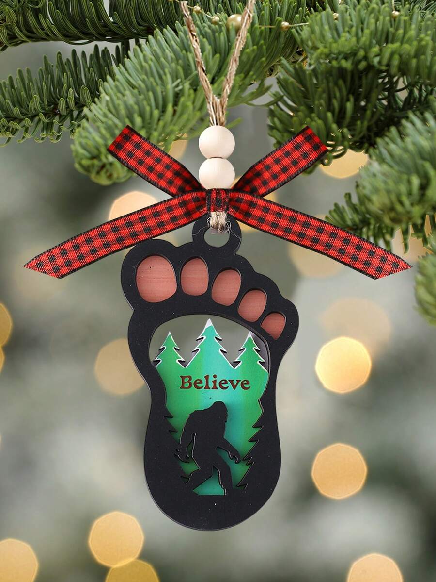 1 pièce, Ornement de Noël Bigfoot, Ornement de montagne Bigfoot, Cadeaux Bigfoot, Ornement en bois sculpté à 2 couches avec acrylique, Décoration de sapin de Noël suspendue, Décoration de maison de Noël, Décoration de fête, Cadeau avec ruban et cordon