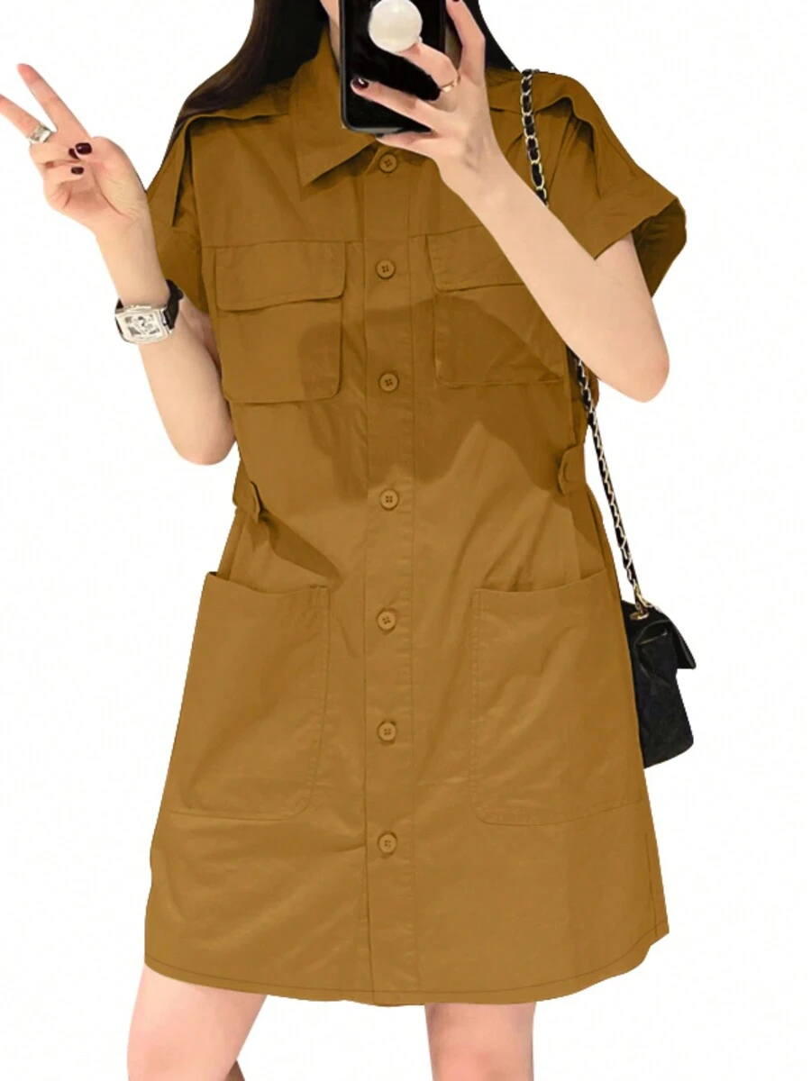 ZANZEA Women Lapel Neck Buttons Short Sleeve Pockets Tunic Dress Casual Cargo Short Dresses - màu nâu - Xem 1