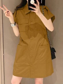 ZANZEA Women Lapel Neck Buttons Short Sleeve Pockets Tunic Dress Casual Cargo Short Dresses - màu nâu - Xem 2