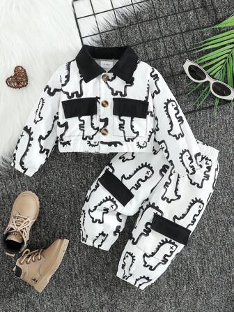 2 件装女婴酷炫恐龙印花短夹克和裤子套装