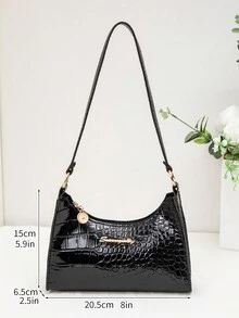 时尚亮面鳄鱼压纹女式拉链单肩包，时尚腋下包，简约女士设计 - 黑色 - 查看 4