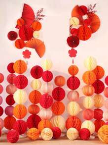 5pcs/Set Chinese Style Red Wedding Large Paper Fans, Decor For Wedding Room, Including Paper Lanterns, Pillars And Honeycomb Hanging Balls