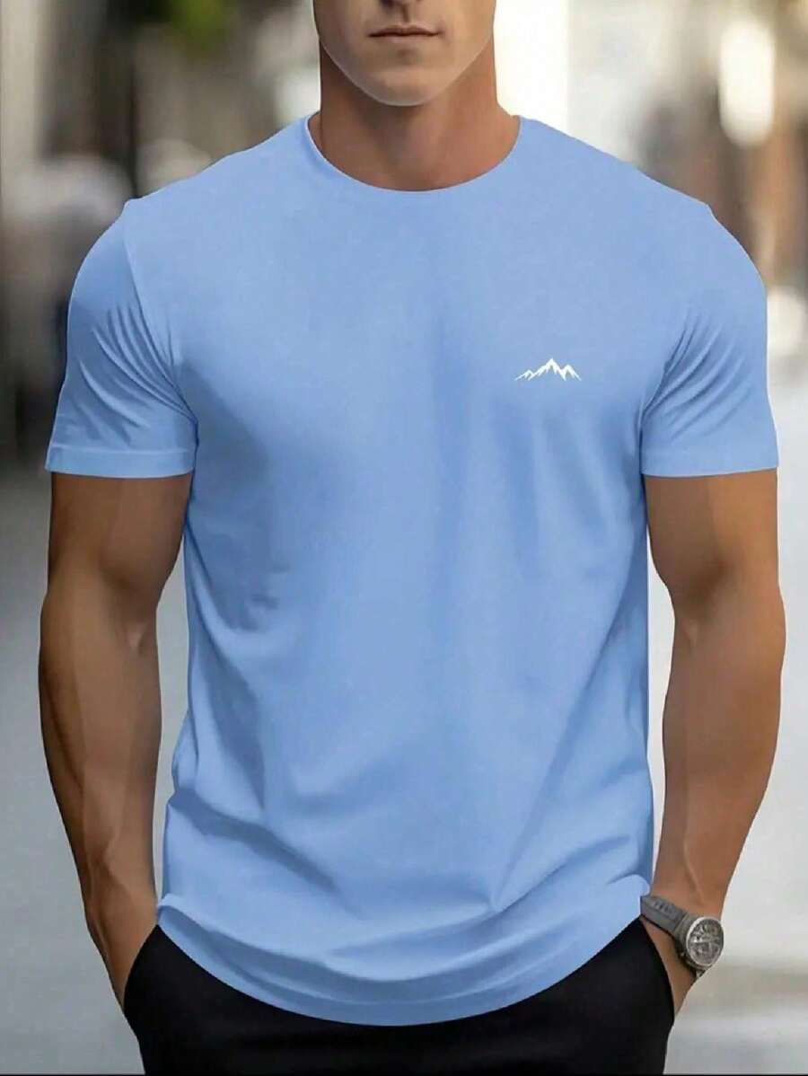 Men's T-Shirt With Mountain Print - 淺藍色 - 查看 1