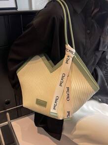 New Style Fashionable And Versatile Contrasting Color Edge Design, Embossed Design Large Capacity Double Handle Shoulder Tote Bag, Letter Embossed Decorative Shoulder Bag, Suitable For Traveling, Shopping, Commuting To Work, And Matching With A Silk Scarf Decorative Design.