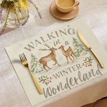 4 件装圣诞派对装饰餐垫，驯鹿印花耐热垫，亚麻餐垫，适合秋冬季 - 彩色 - 查看 7