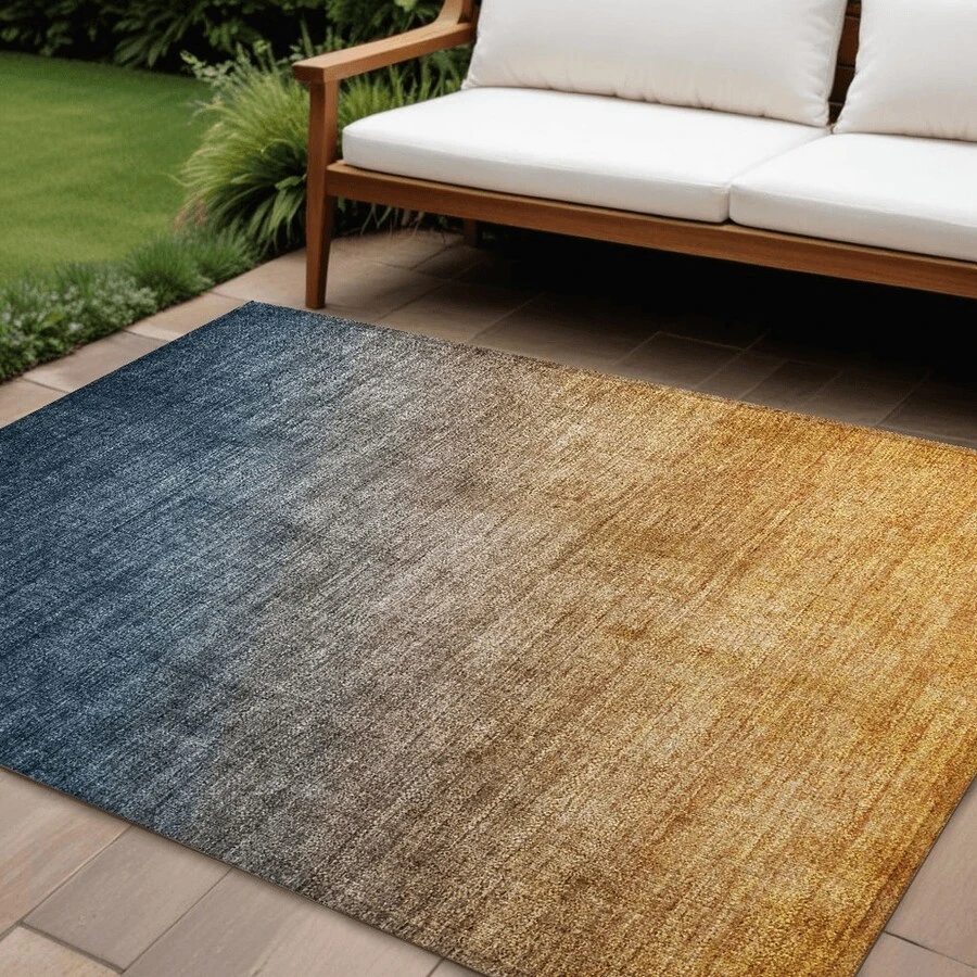 9' X 12' Denim And Gold Ombre Washable Non Skid Indoor Outdoor Area Rug