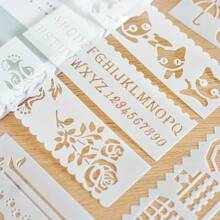 Pack Of 8 PP Letter Templates, Reusable Hollow Letter Wipe Sheets With Lace, Leaves, Cars, Weather, Animal Designs For DIY Journaling And Crafting - 2x7 Inch Painting Template Set Back To School,Back To School,School Supplies
