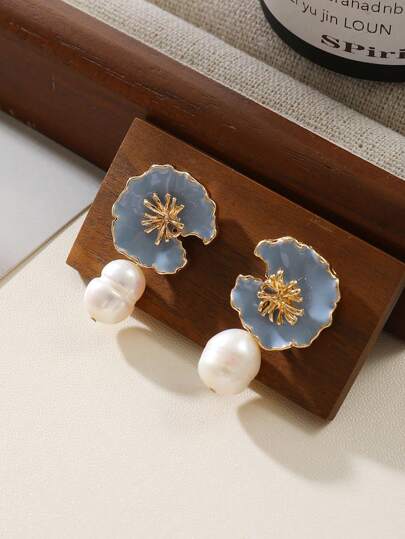 1 Pair Hypoallergenic Blue Lotus Oil Drop Pearl Earrings, Fashionable And Unique Stud Earrings