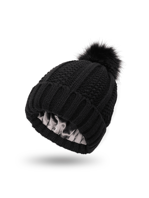 1 pièce Bonnet tricoté texturé pour l'hiver, bonnet tricoté à pompon doublé de satin, chapeau d'hiver chaud pour le ski et la randonnée, en plusieurs couleurs au choix