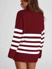 Women's Oversized Striped Sweater Autumn Casual Long-Sleeved Turtleneck Jumper Coarse Knit Sweater
