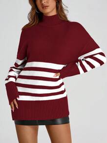 Women's Oversized Striped Sweater Autumn Casual Long-Sleeved Turtleneck Jumper Coarse Knit Sweater