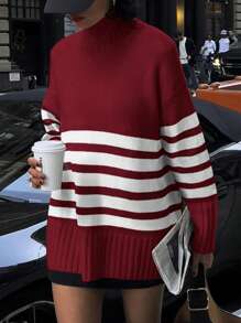Women's Oversized Striped Sweater Autumn Casual Long-Sleeved Turtleneck Jumper Coarse Knit Sweater