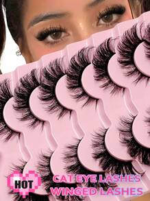 Asiteo 7 Pairs Luxury Faux Mink Eyelashes, 8D Natural Cat Eye Makeup Effect, Reusable, Comfortable Wear, Suitable For All Occasions - 眼尾拉長款 - 查看 1