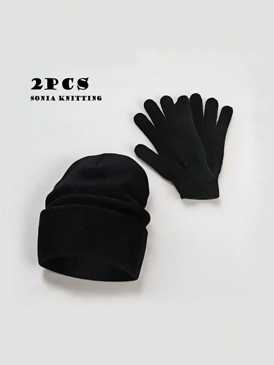1 Bộ Mũ Và Găng Tay Màu Trơn, Bộ Acrylic Dệt Kim Unisex Cho Mùa Thu/Đông