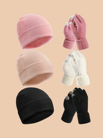 2pcs/Set Winter Knitted Hat & Gloves Set, Thickened Touch Screen Gloves & Skull Cap, Suitable For Men & Women (Random Color), Perfect Gift For Her On New Year & Valentine's Day, Warm Outdoor Travel Beanie Hat Winter Accessories Winter Outfits