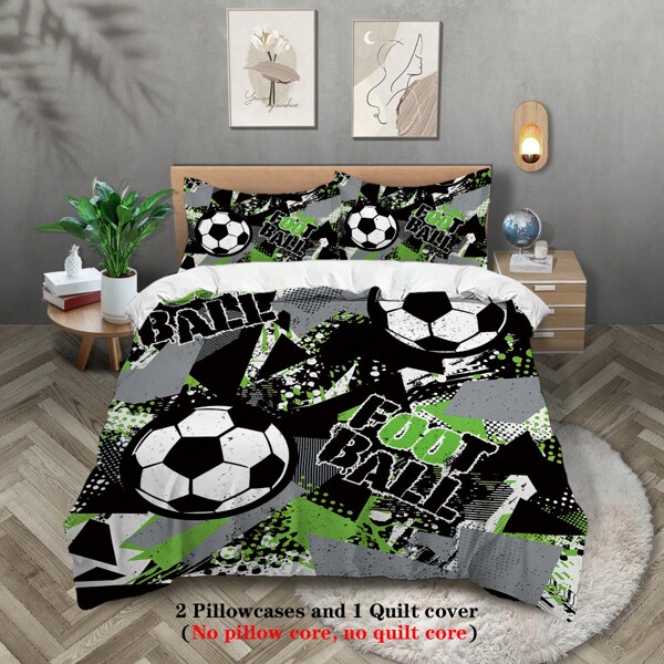 Juego de edredón de 3 piezas con estampado de elementos deportivos de fútbol, suave, cómodo, cálido, antiperfilado, lavable a máquina, estilo para las cuatro estaciones, sin relleno, 1 edredón + 2 fundas de almohada
