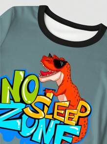 2pcs Tween Boy Snug Fit Dinosaur Print Long Sleeve Pajama Set - Multicolor - View 3