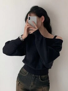 女士休闲不对称领口宽松针织毛衣，适合秋冬季