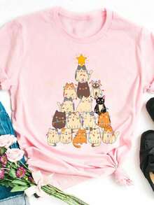 Unisex Cartoon Cat With Christmas Tree T-Shirt - 淺粉色 - 查看 2
