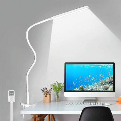 1 lámpara de mesa LED con brazo oscilante con abrazadera, lámpara de tareas con cuello de cisne flexible, luz de escritorio de arquitecto cuidado de ojos, cable USB con interruptor, lámparas de escritorio funcionales para la oficina en casa (Negro/Blanco)
