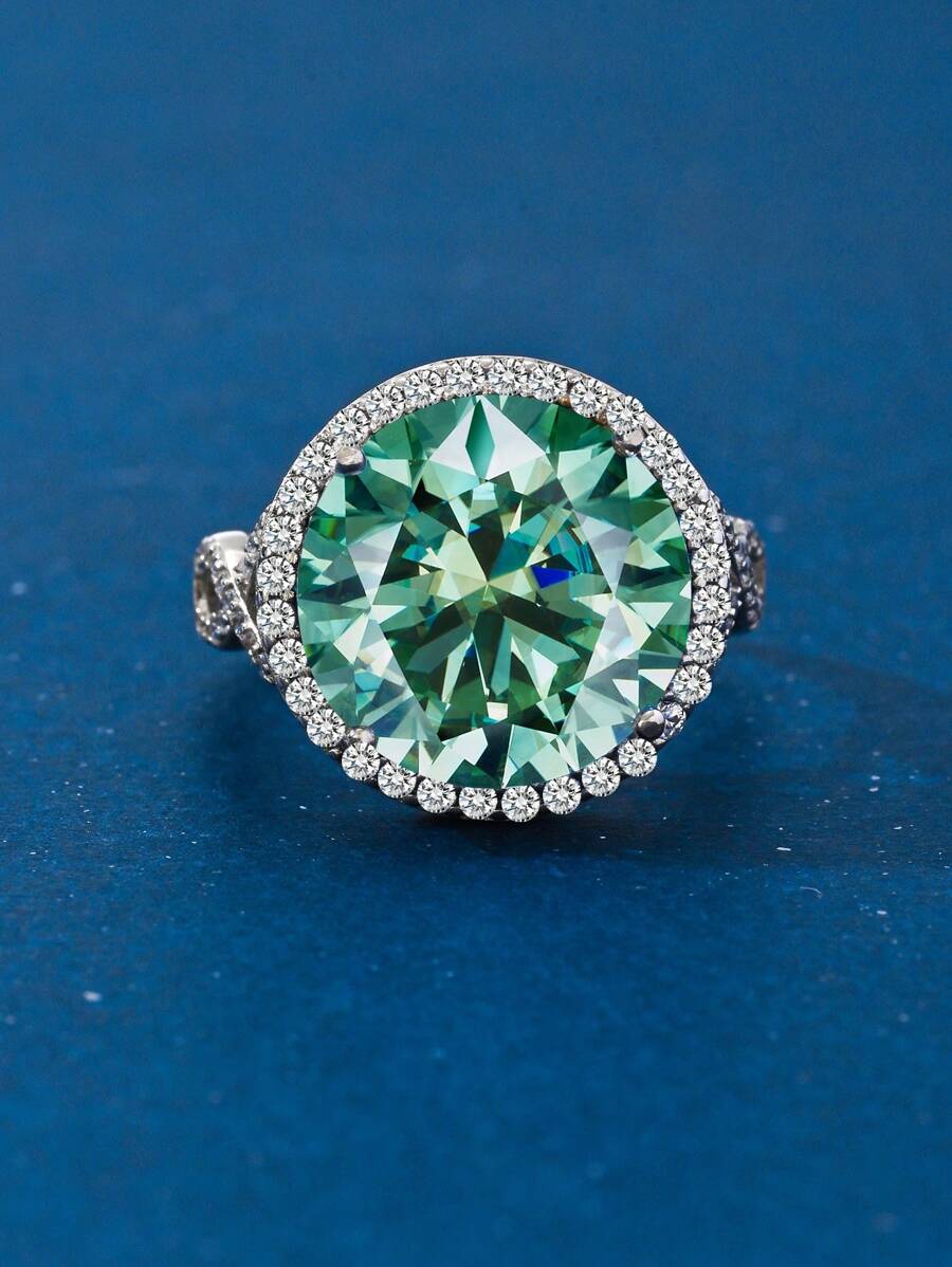 1 件 12 克拉彩色莫桑石 S925 银可调节情侣戒指，粉色、蓝色、绿色和香槟色，高级奢华珠宝，适合订婚、结婚和周年纪念 - 綠色 - 查看 1