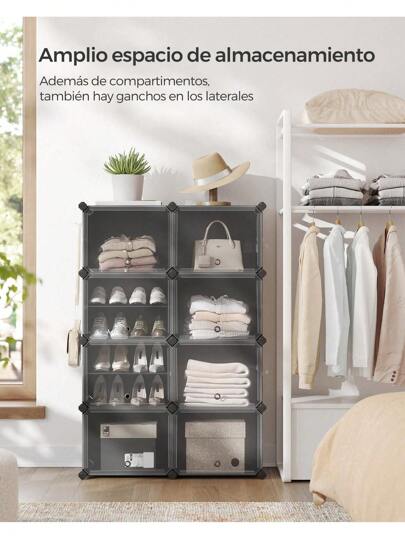 SONGMICS Mueble Zapatero Plástico, 8 Compartimentos, Zapatero Modular, Estantería Modular de Plástico, 30 x 40 x 30 cm Cada Cubo, con Puerta, Marco Acero, Panele Plástico, Negro