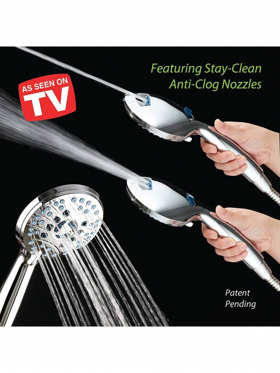 High Pressure 8Mode Handheld Shower Head AntiClog Nozzles, BuiltIn