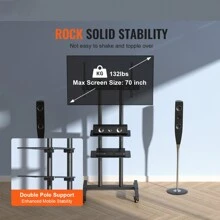 Mobile TV Stand, Mobile TV Cart For 32 To 70 Inch TVs, Height Adjustable Portable TV Stand With Wheels, Double Tray For Audio-Visual Devices, Rolling TV Stand With Mount For Bedroom, Living Room - 黑色 - 查看 2