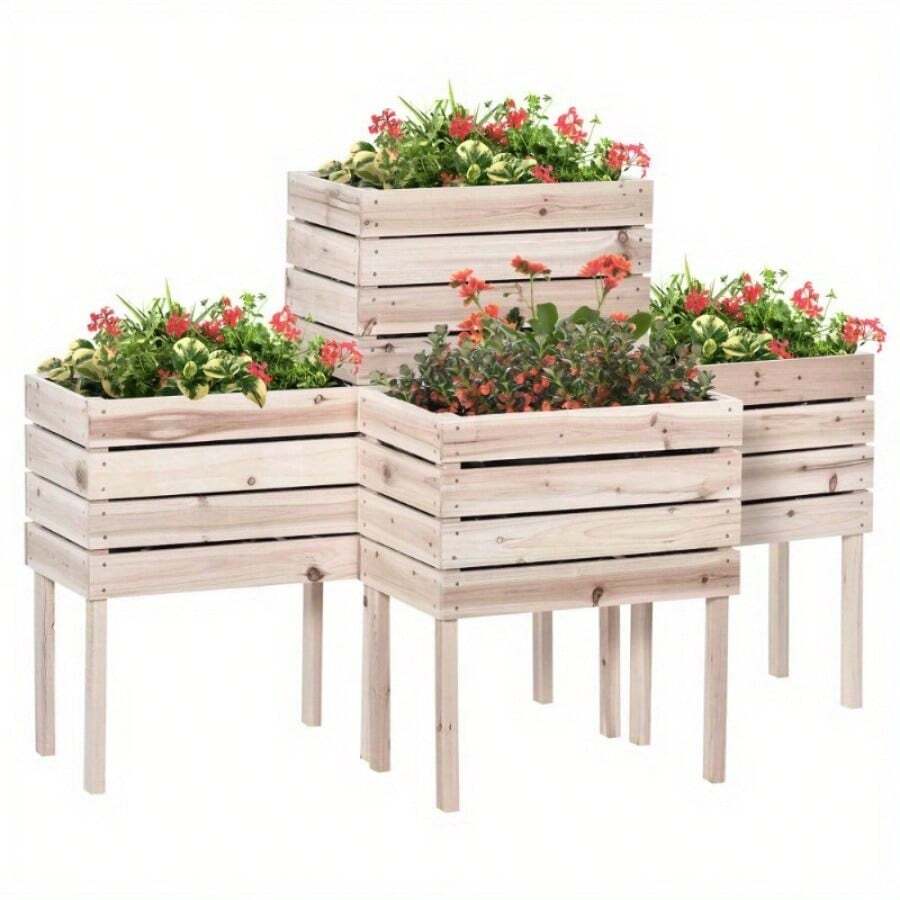 Outsunny 4PCS Raised Garden Bed, Wooden Elevated Planter Box Kit With