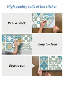 1 卷瓷砖贴纸，47.24 * 11.81 英寸复古曼陀罗图案墙贴，自粘防水防潮方形花砖贴纸粘合剂，可用于厨房浴室壁炉楼梯背景墙装饰，家居用品 - 彩色 - 查看 4