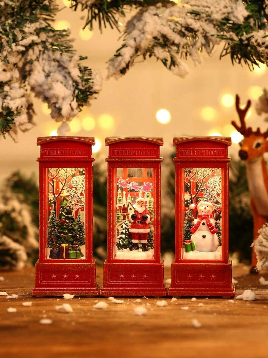 LED Illuminated Christmas Telephone Booth Ornament, Resin Indoor Snowman Christmas Tree Decor, Christmas Party Decoration, Xmas Lighting Up Toys And Gifts,Christmas