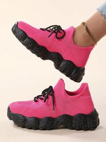 Giày thể thao đế dày buộc dây thời trang cho nữ, giày thể thao đế bằng thoải mái, thoáng khí - Màu Hồng Tươi - Xem 5