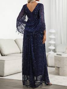 Women's V-Neck Sparkling Sequin Tassel Elegant Evening Party Dress, Formal Dress, For Wedding Guest, Graduation, Dinner - Navy Blue - View 3