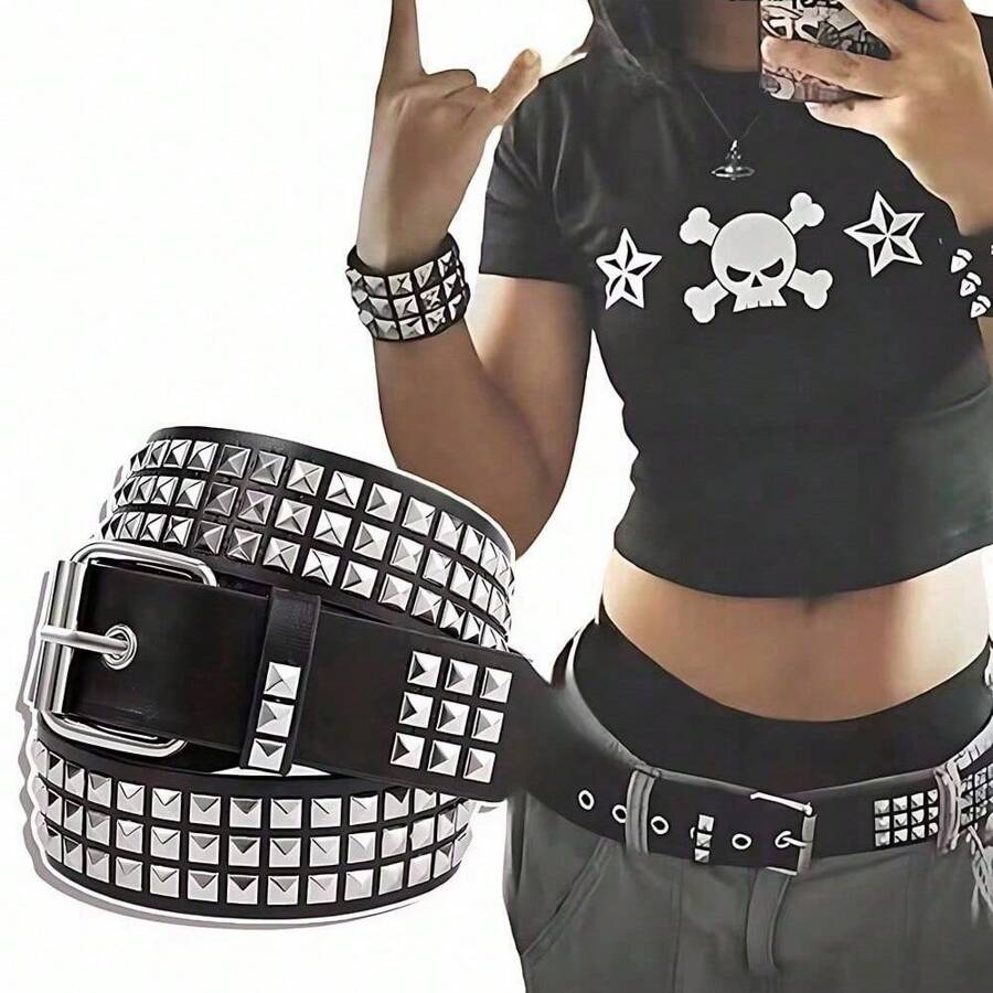 2024 新款方形珠铆钉腰带金属金字塔腰带女式朋克五金牛仔腰带 Y2K 腰带设计师腰带女士腰带夏季、秋季、万圣节 - 黑色 - 查看 1