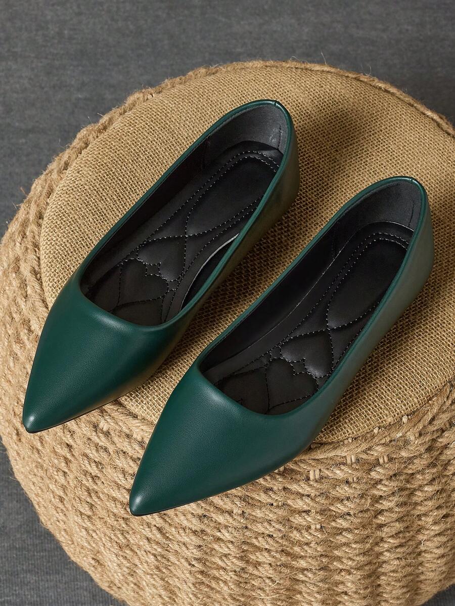 Giày đế bằng thời trang nữ mũi nhọn nhiều màu nâu cổ thấp công sở/thường ngày đa năng màu đen, xanh thanh lịch, đỏ thanh lịch cho các hoạt động ngoài trời vào mùa thu - Màu xanh lá cây đậm - Xem 1