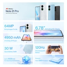 هاتف ذكي MEIZU Note 21Pro, نظام أندرويد 14، معالج هيليو G99 قوي، 8+256 جيجابايت، شاشة 6.78 بوصة HD+ مبهرة، كاميرا ثلاثية 64 ميجابكسل، 120 هرتز من الحركة الدائمة، بطارية 4950 مللي أمبير لطاقة لليوم كامل، شحن سريع 30 وات، إتصال ثنائي شرائح، NFC، شاحن 4G، مواصفات أوروبية