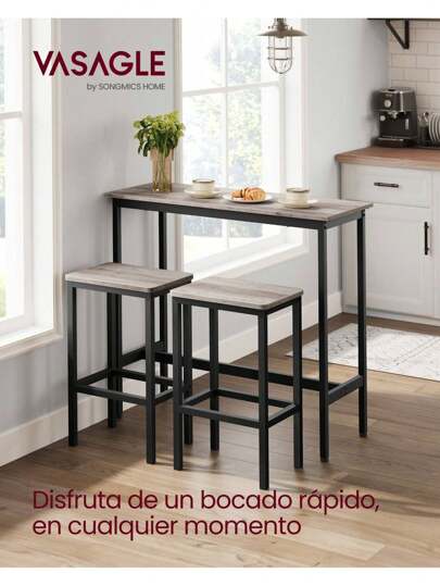 VASAGLE Juego de Mesa y Taburetes de Bar, Mesa de Desayuno con 2 taburetes, Marco de Acero, Industrial, Gris Melange y Negro Tinta