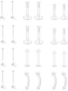 AVYRING 24Pcs Clear Earrings Plastic Earrings For Sports 16g Clear Cartilage Earrings Stud Plastic Helix Tragus Earring Medusa Monroe Piercing Retainer Clear Lip Rings Labret Retainers For Work Surgery