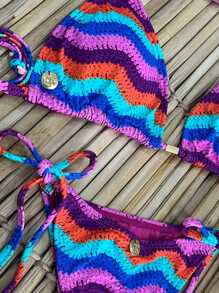 Gabi Adult Triangle Bikini Top Removable Padded Bottom Clear Tie Butt Lifting Printed Fabric Crochet Style - 彩色 - 查看 3
