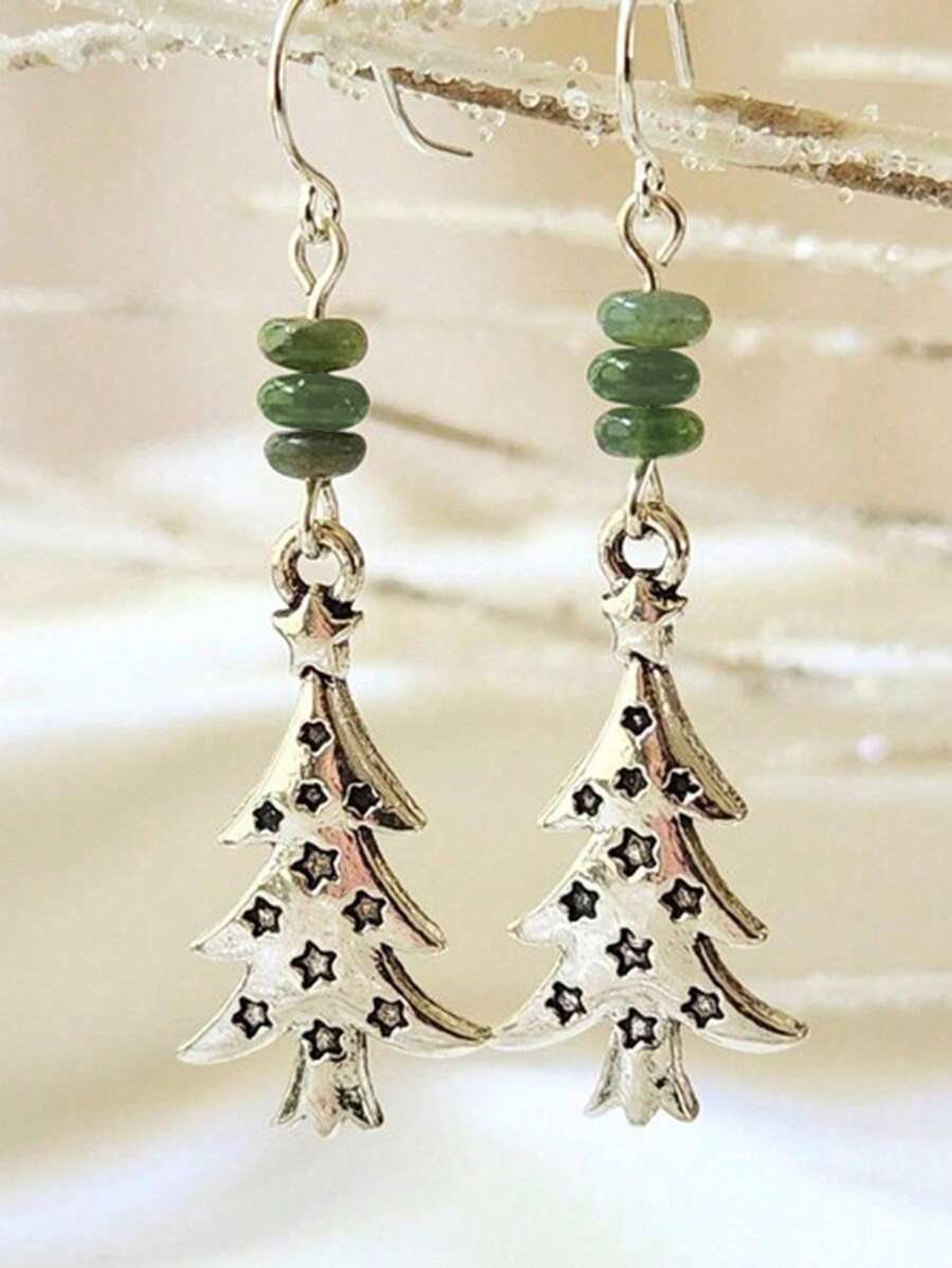 2 chiếc khuyên tai cây thông Noel bằng đá tự nhiên chạm khắc phong cách Giáng sinh thanh lịch cổ điển dành cho phụ nữ, quà tặng cho bữa tiệc ngày lễ - Nhiều màu - Xem 1