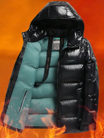 Men Belt And Roll Out Glossy Bread Winter Coat, Nine Quarter Sleeves, Warm, Vertical Stripes, Double Pockets, Small Leather Collar, Casual Warm Long Sleeved Winter Coat, Fall/Winter